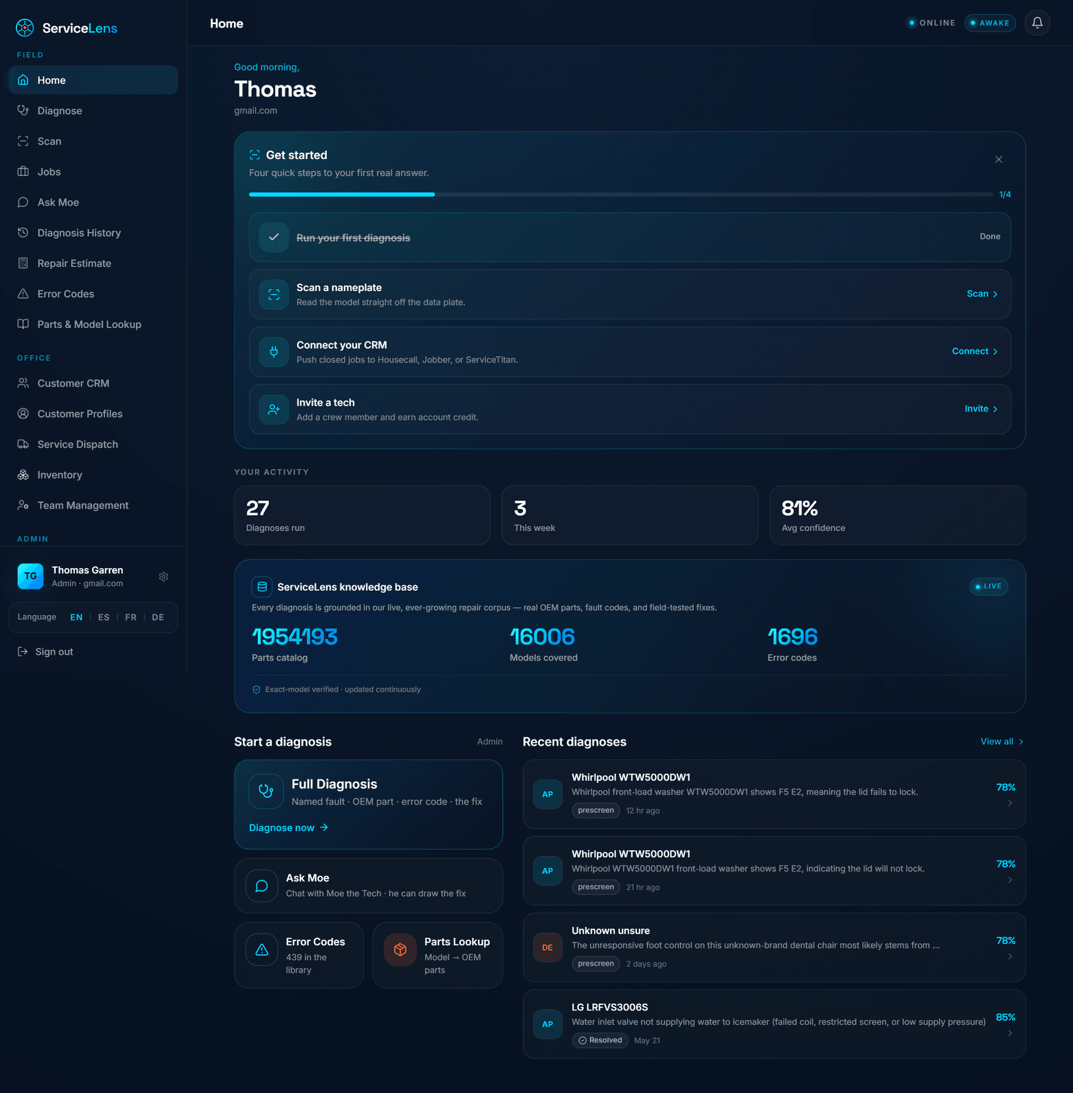 ServiceLens desktop dashboard — onboarding, today's activity, knowledge-base counts, recent diagnoses