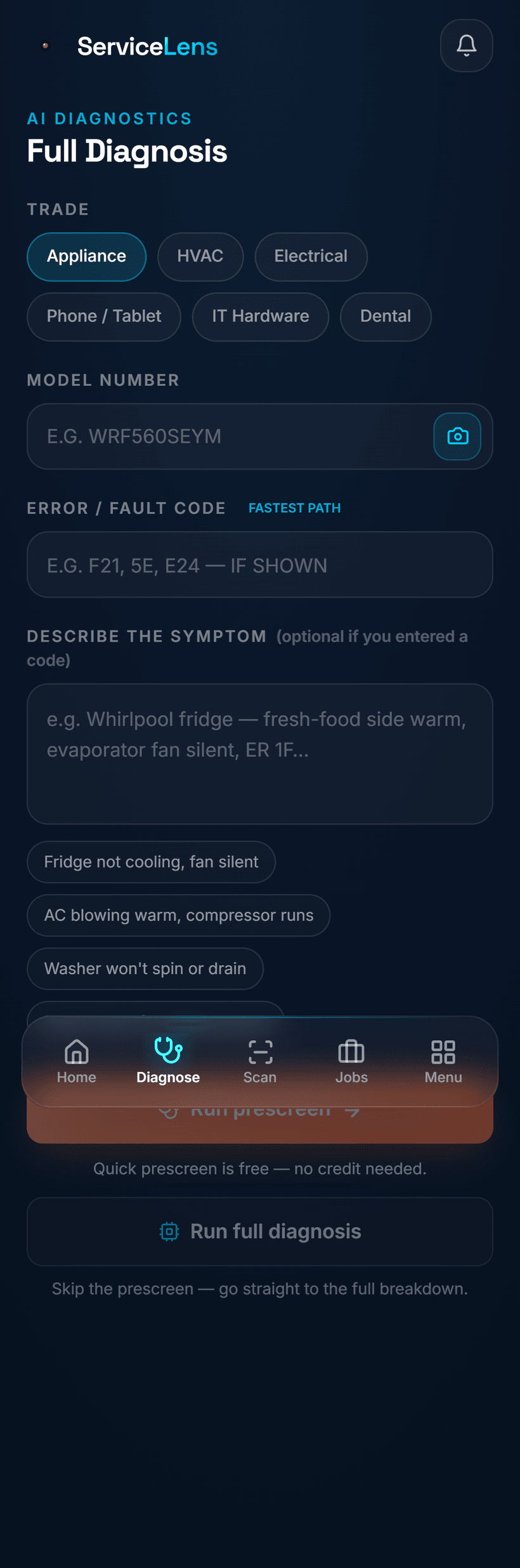 ServiceLens mobile diagnose screen — same trade selector, scan, code and symptom flow