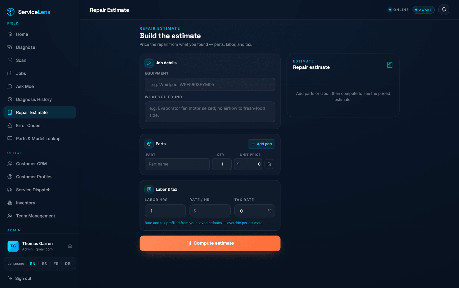 ServiceLens repair estimate builder — job details, parts, labor and tax, compute estimate