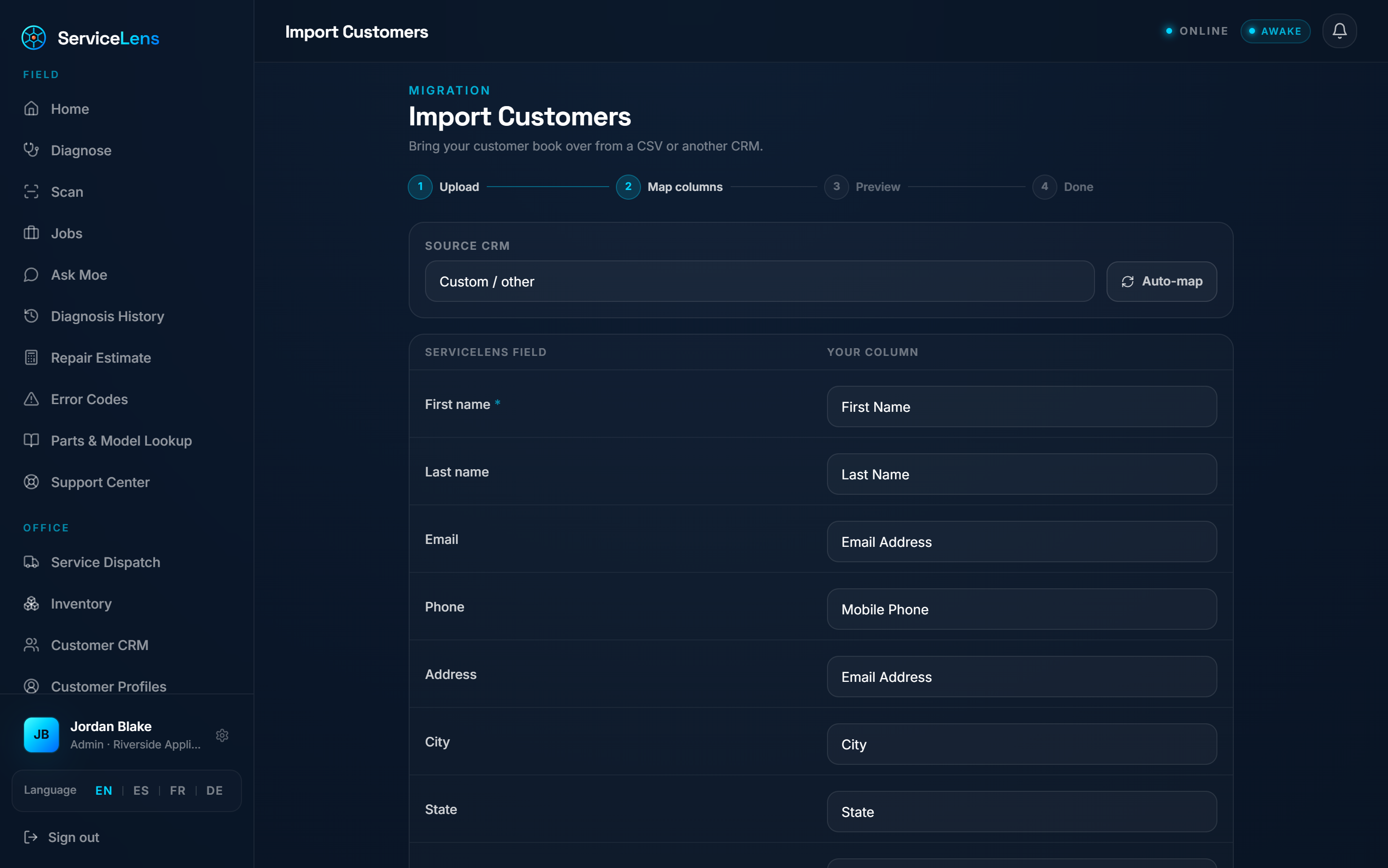 Import your customers — CSV or another CRM, auto-mapped and deduped