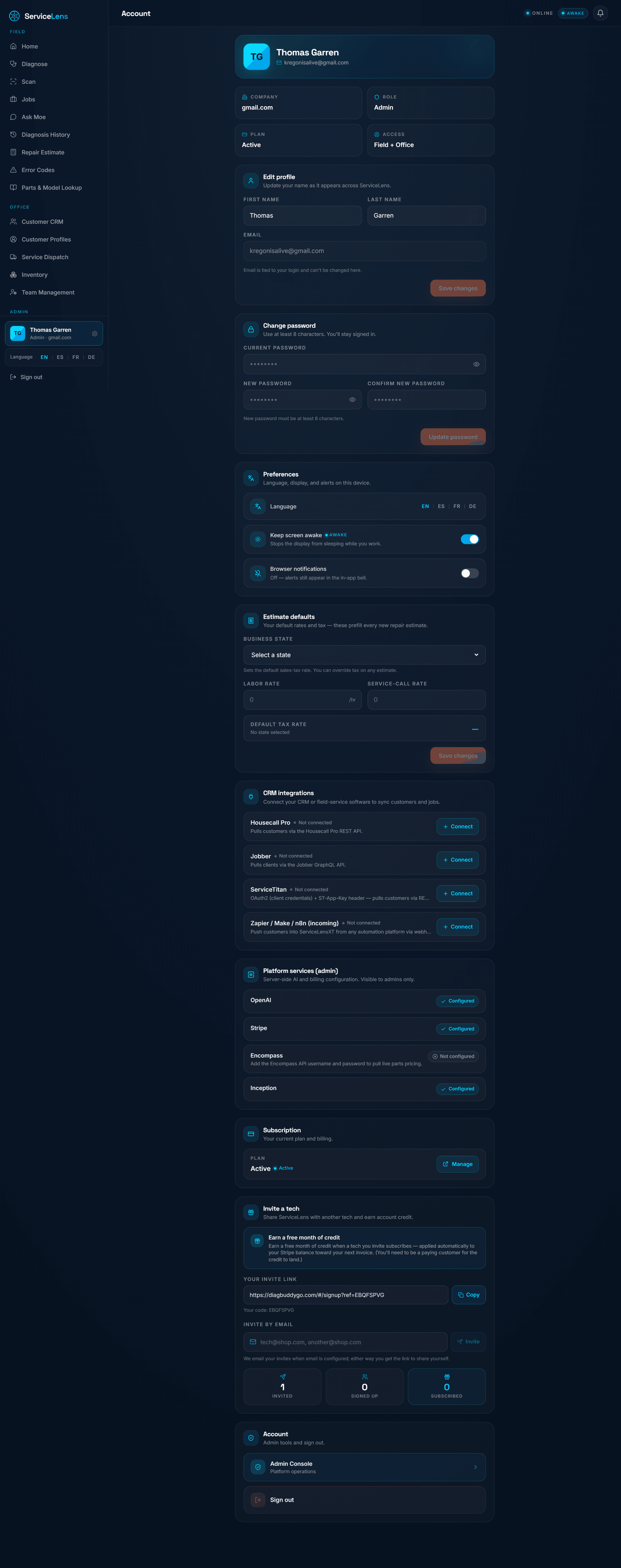 ServiceLens account & settings — preferences, estimate defaults, CRM integrations, subscription, invite a tech